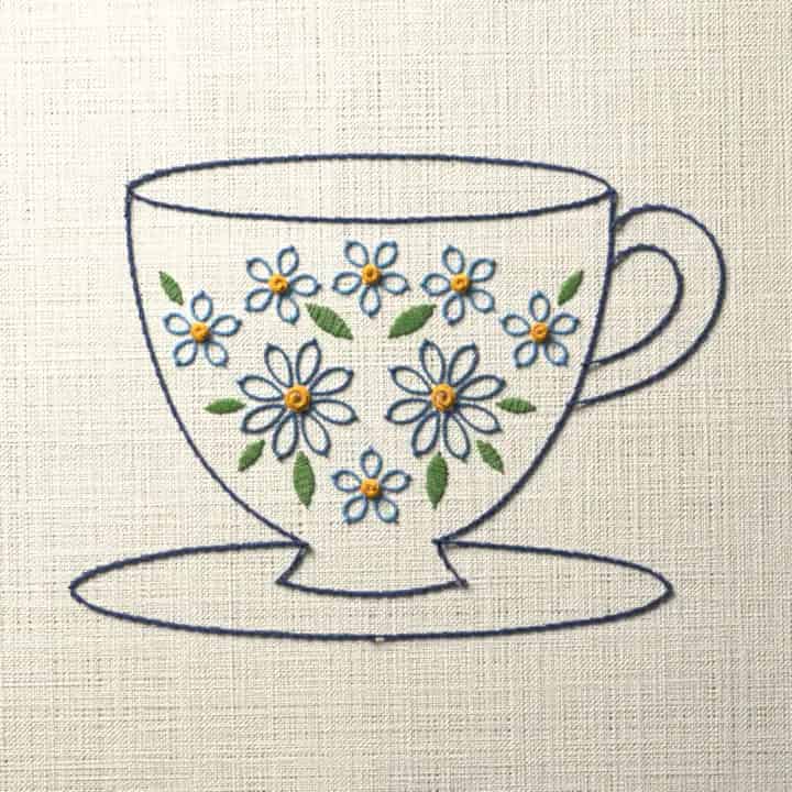 Flower filled teacup: preview of the stitched design