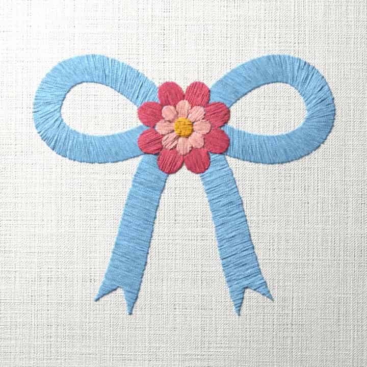 Bow with a flower at the knot: preview of the stitched design