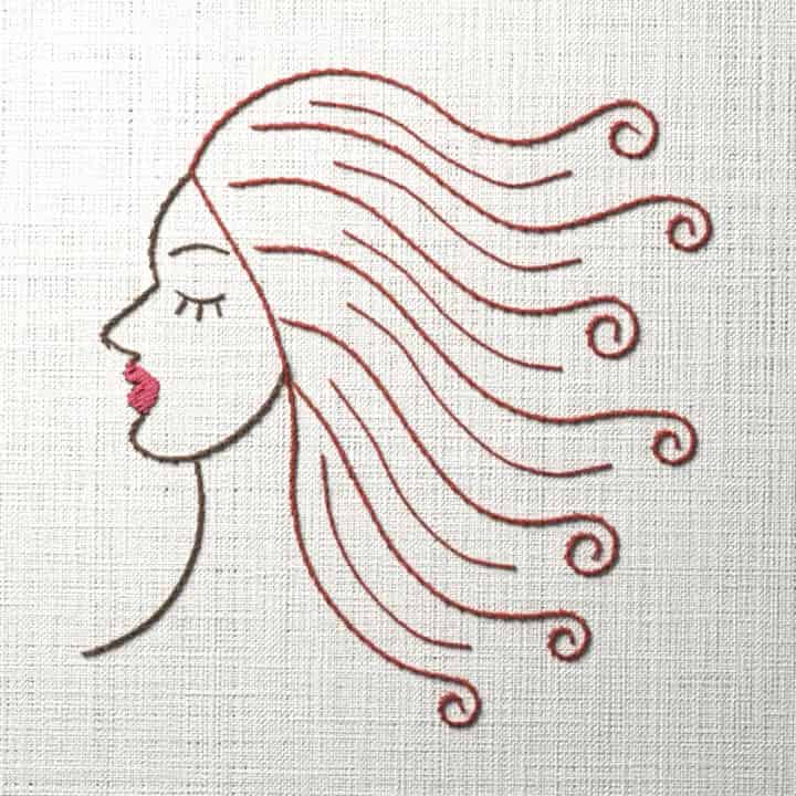 Woman with flowing hair: preview of the stitched design