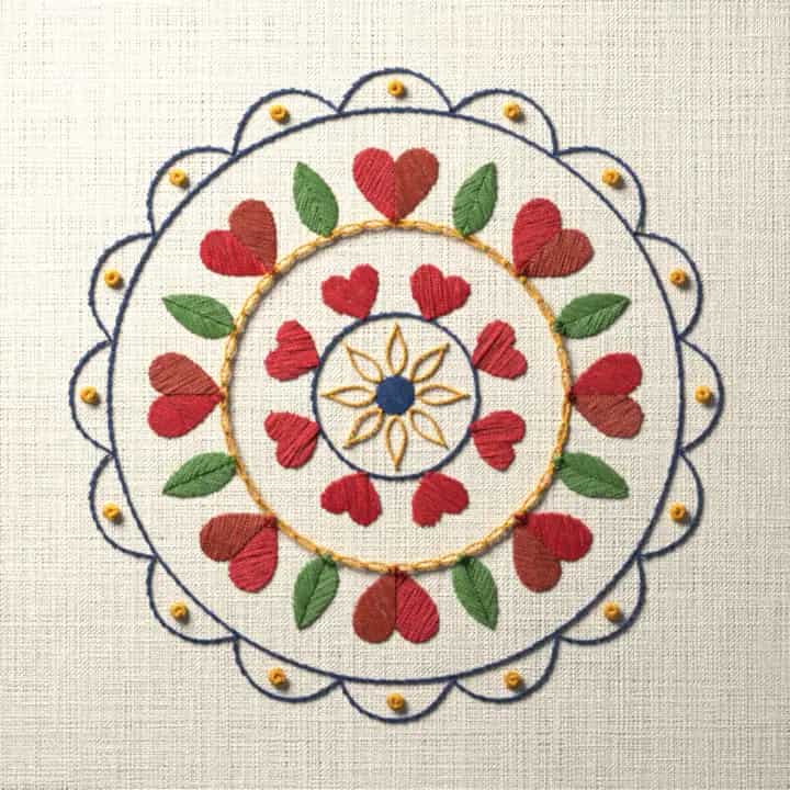 Folk heart mandala: preview of the stitched design