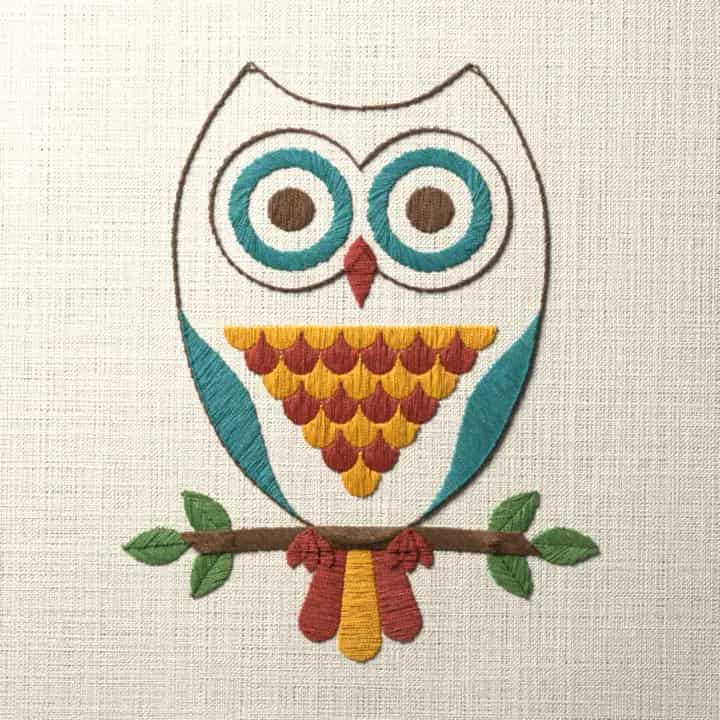 Owl on a leafy branch: preview of the stitched design
