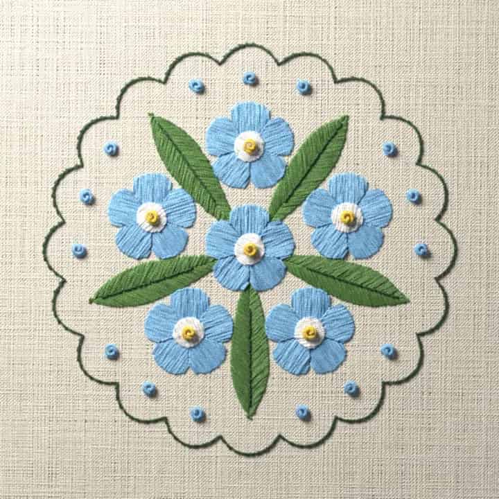 Forget-me-not coaster: preview of the stitched design