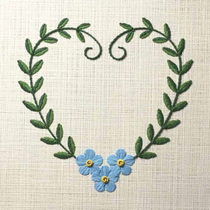 Forget-me-not vine heart: preview of the stitched design