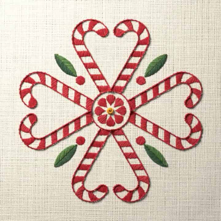 Four candy cane hearts: preview of the stitched design