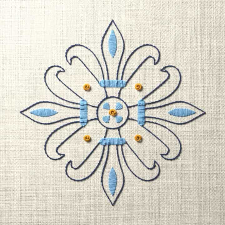 Wheel of four fleurs-de-lis: preview of the stitched design