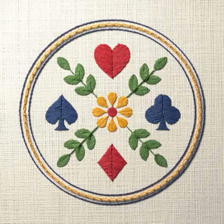 Four card suits in a ring: preview of the stitched design