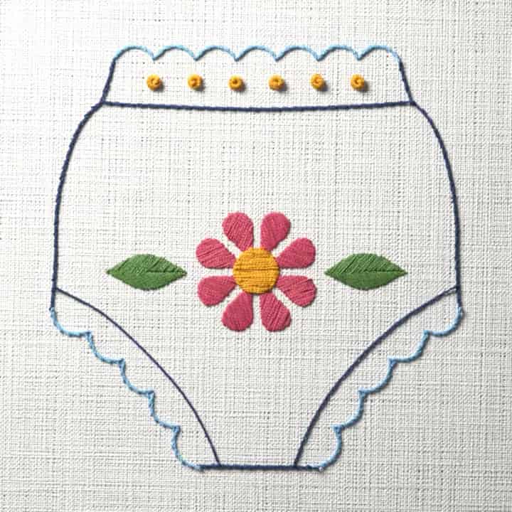 Frilled baby bloomers: preview of the stitched design