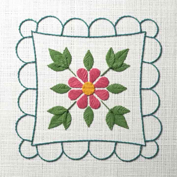 Frilled cushion with a daisy: preview of the stitched design