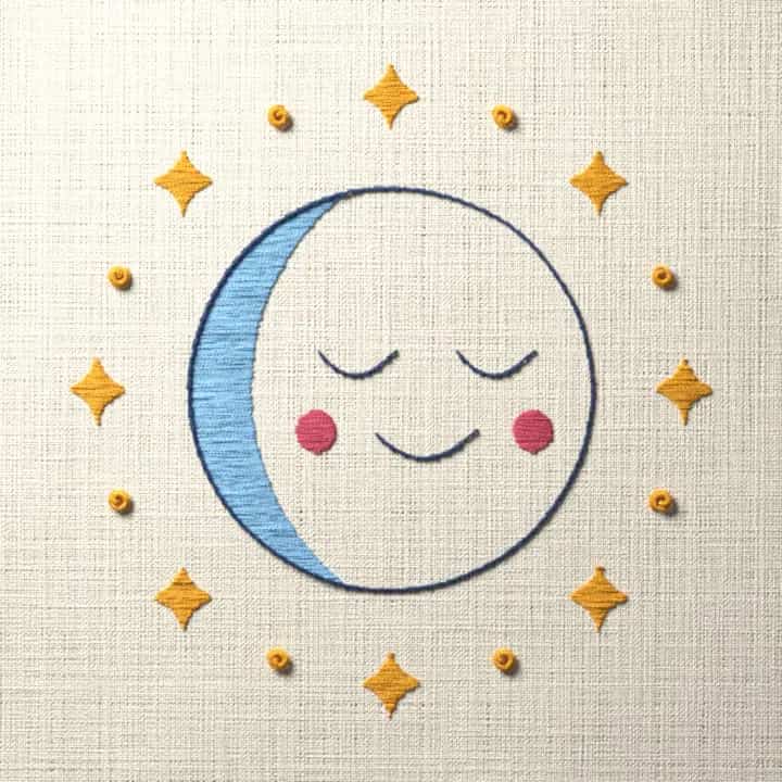 Sleeping moon ringed with stars: preview of the stitched design