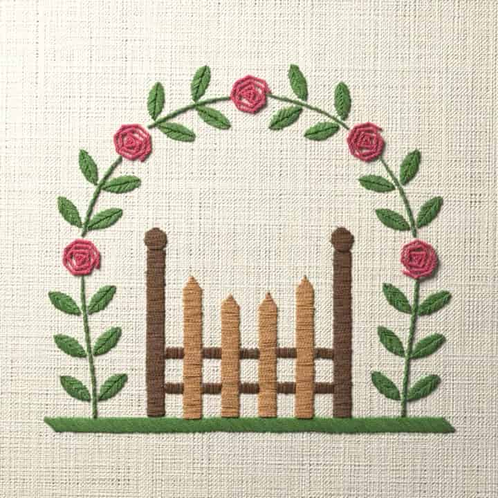 Garden gate under a rose arch: preview of the stitched design