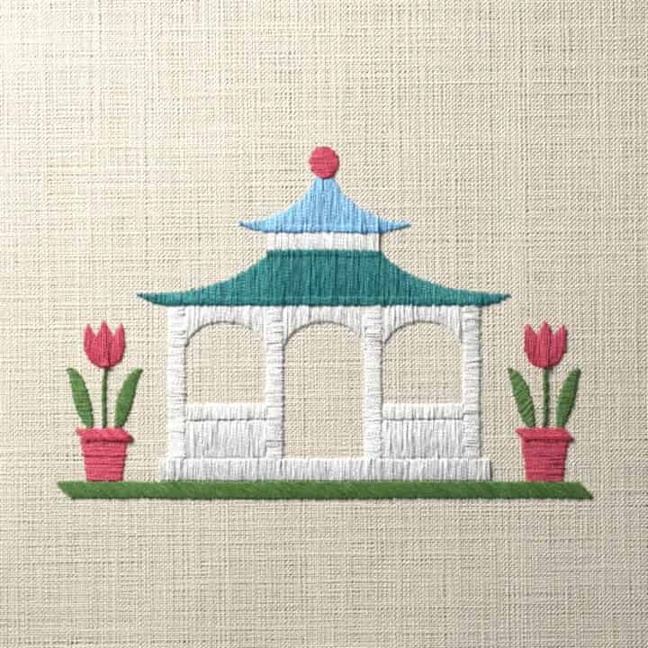 Garden gazebo with potted tulips: preview of the stitched design