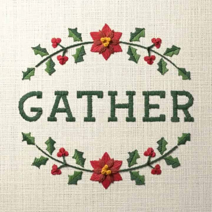 Gather in holly: preview of the stitched design