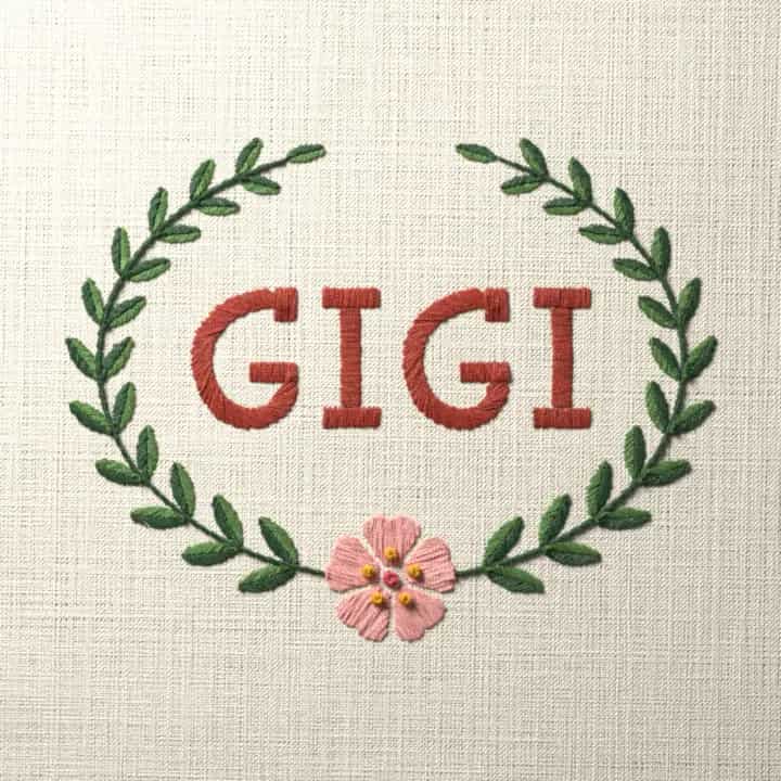 Gigi in laurel: preview of the stitched design