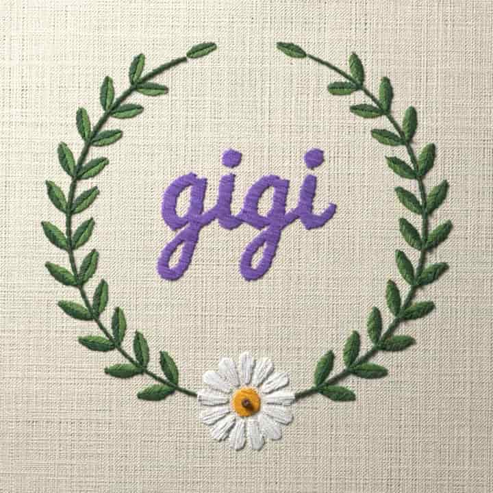 Gigi in script: preview of the stitched design