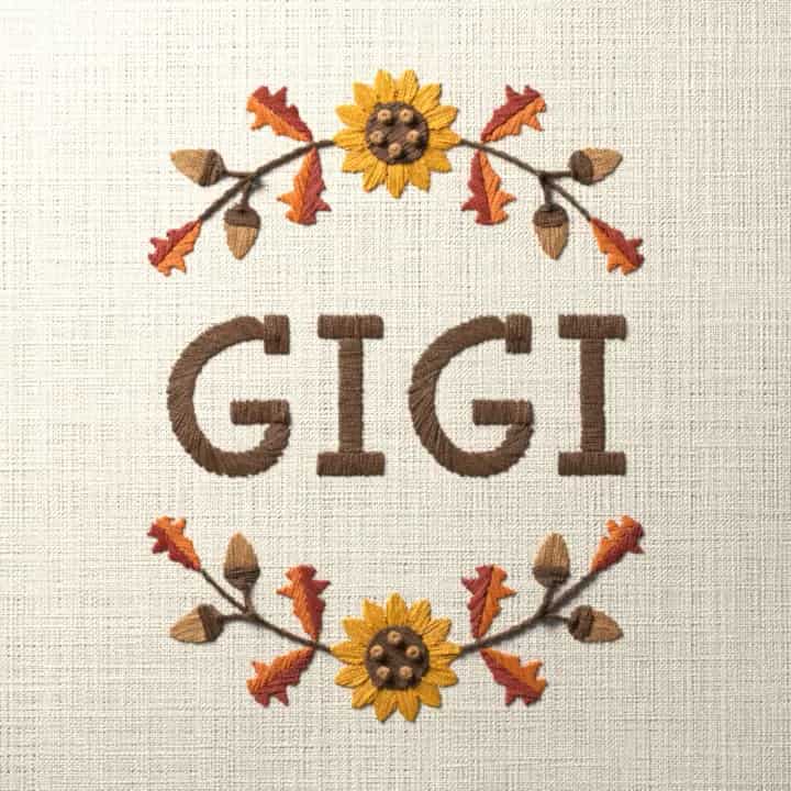 Gigi in oak leaves: preview of the stitched design