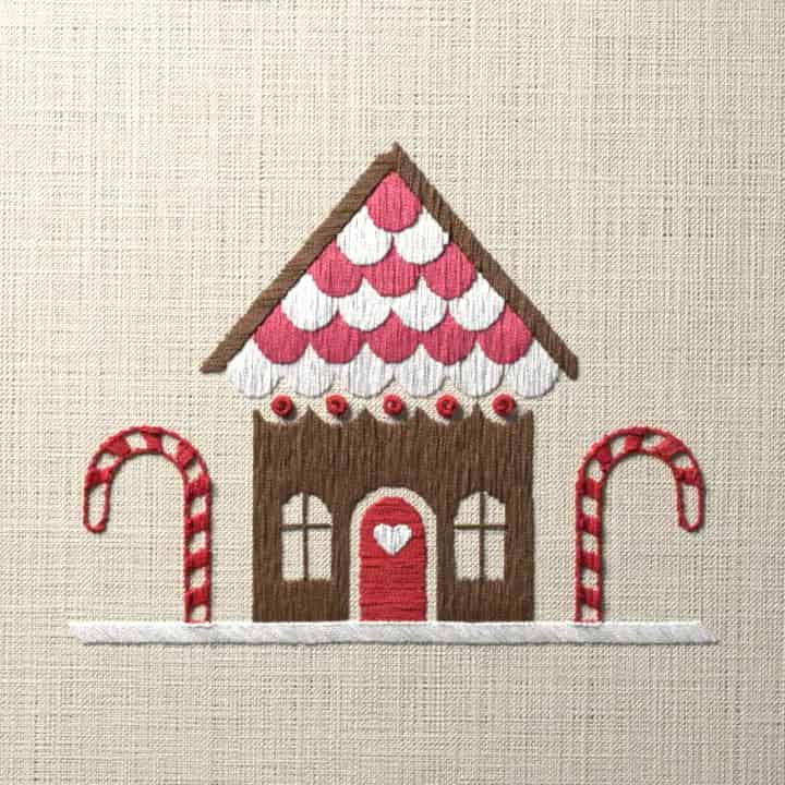 Gingerbread cottage with candy canes: preview of the stitched design