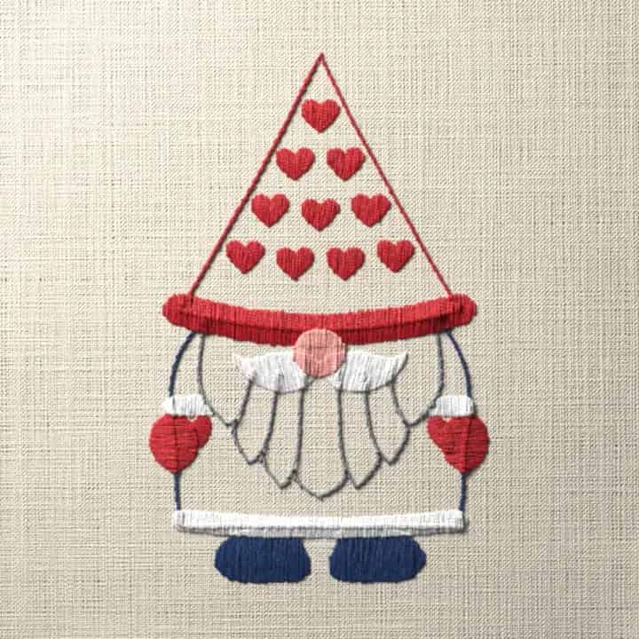 Gnome with heart hat: preview of the stitched design