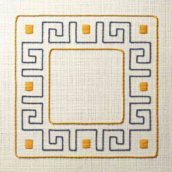 Greek key frame with gold squares: preview of the stitched design