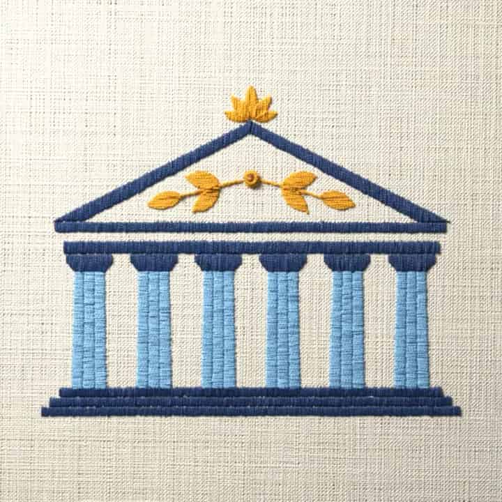Greek temple with olive sprays: preview of the stitched design