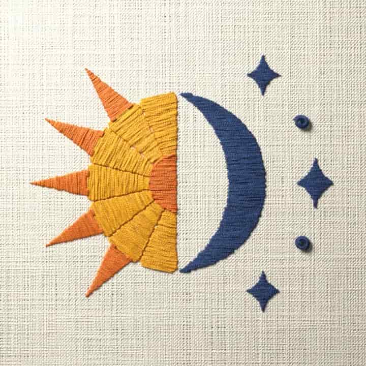 Half sun and half moon: preview of the stitched design