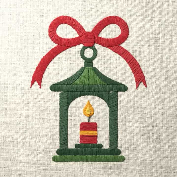 Hanging lantern with a red bow: preview of the stitched design