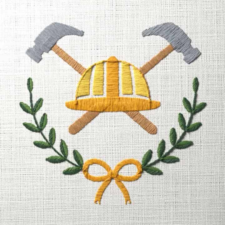 Hard hat and hammers: preview of the stitched design