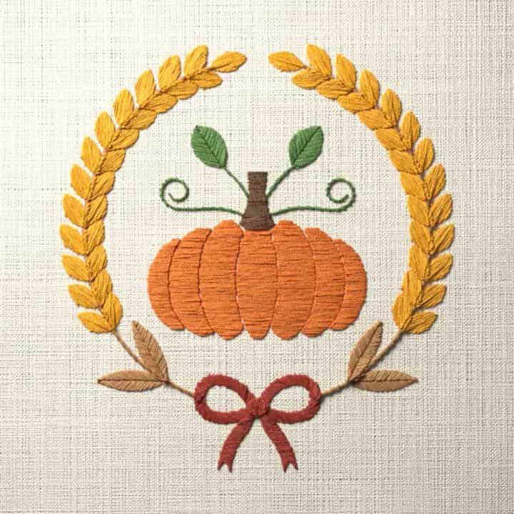 Harvest pumpkin in a wheat ring: preview of the stitched design