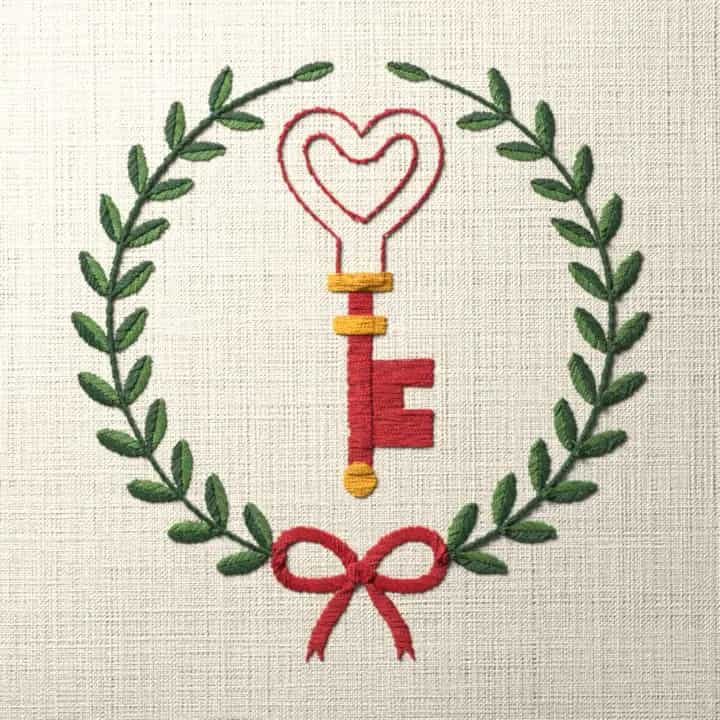 Heart key in laurel: preview of the stitched design