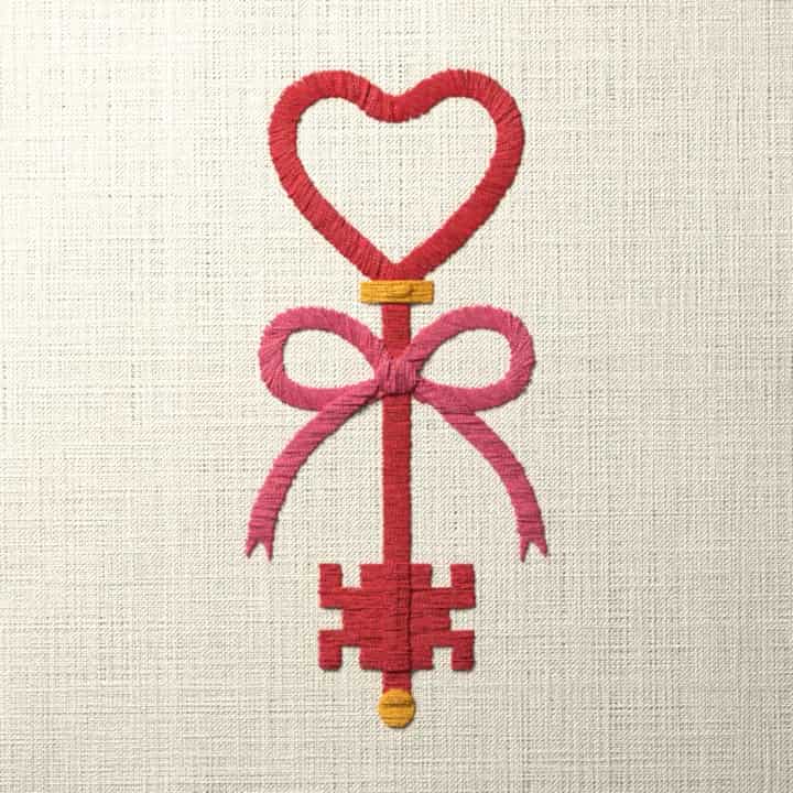 Heart key with a bow: preview of the stitched design