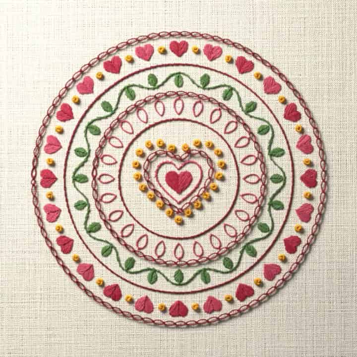 Heart medallion sampler: preview of the stitched design