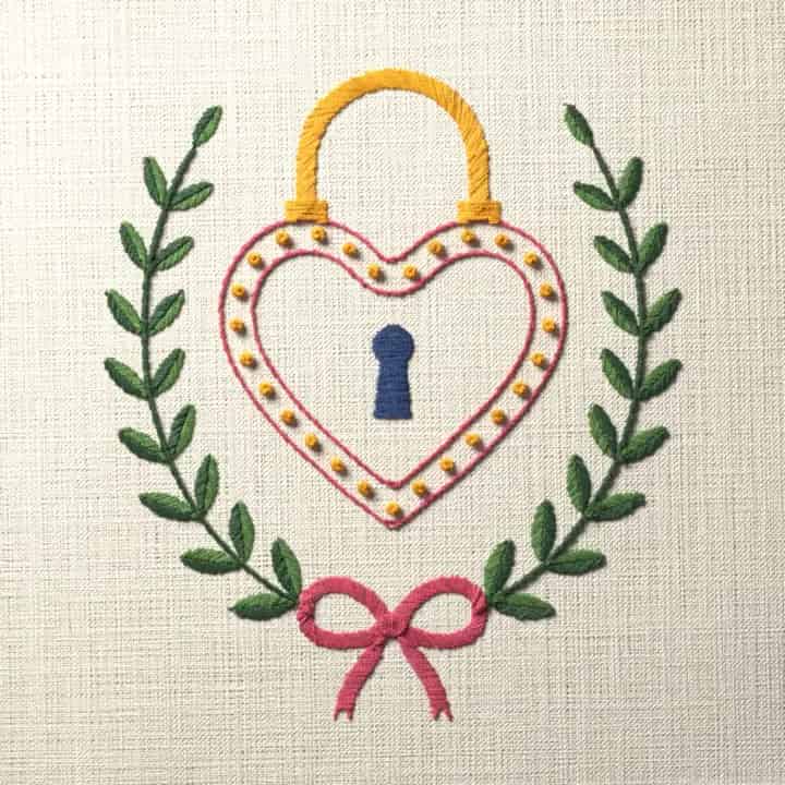 Heart padlock in laurel: preview of the stitched design