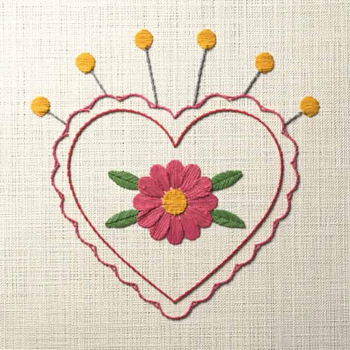 Heart pincushion with pins: preview of the stitched design