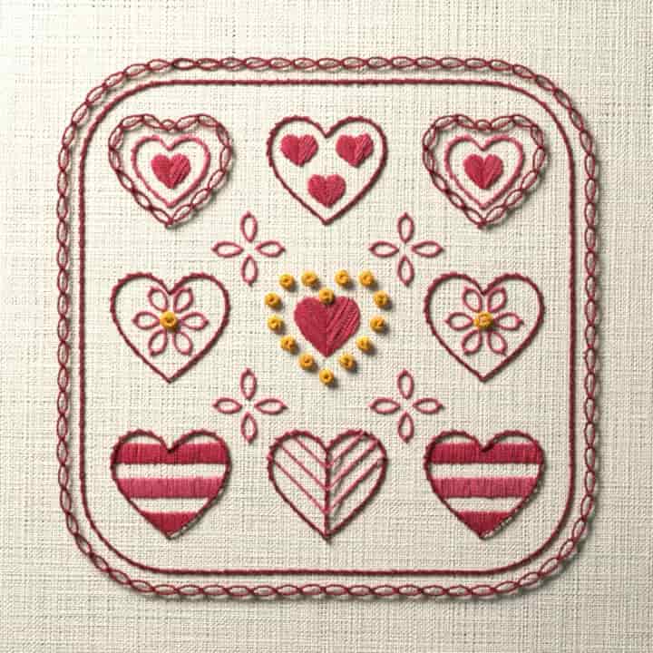 Sampler of nine hearts: preview of the stitched design