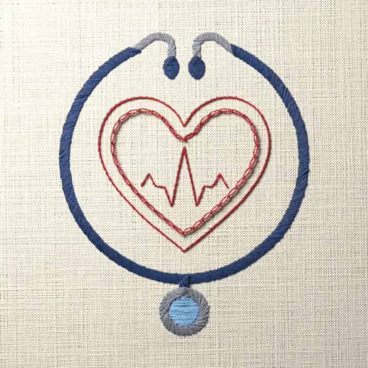 Stethoscope heart with a heartbeat: preview of the stitched design