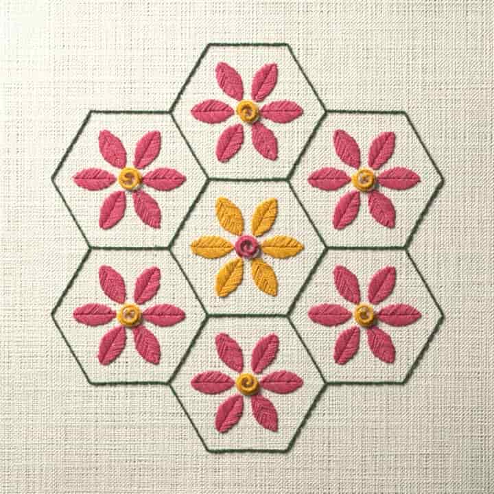 Hexagon flower block: preview of the stitched design
