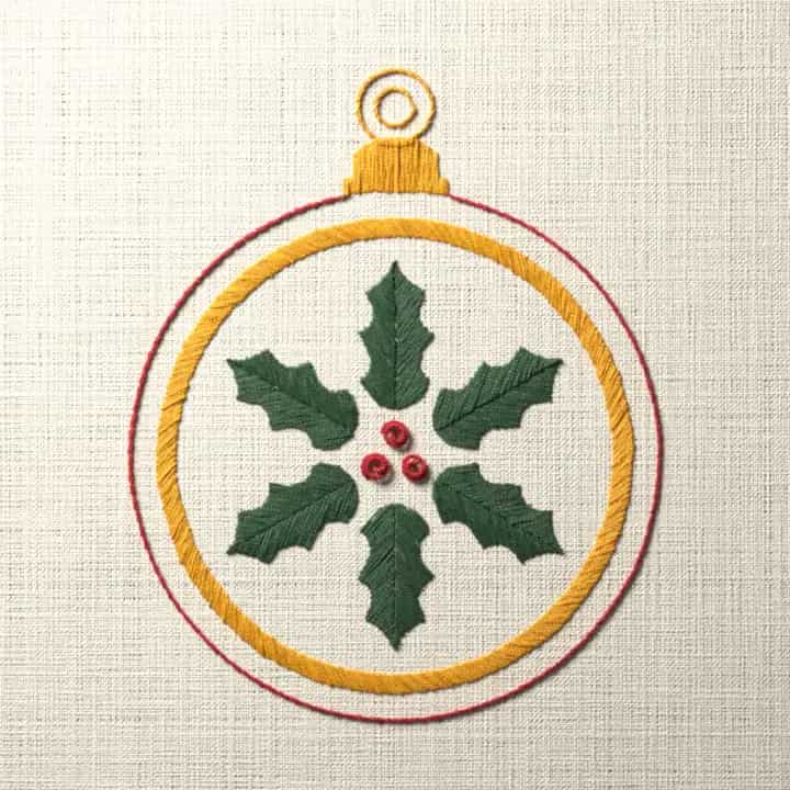 Christmas bauble with holly: preview of the stitched design
