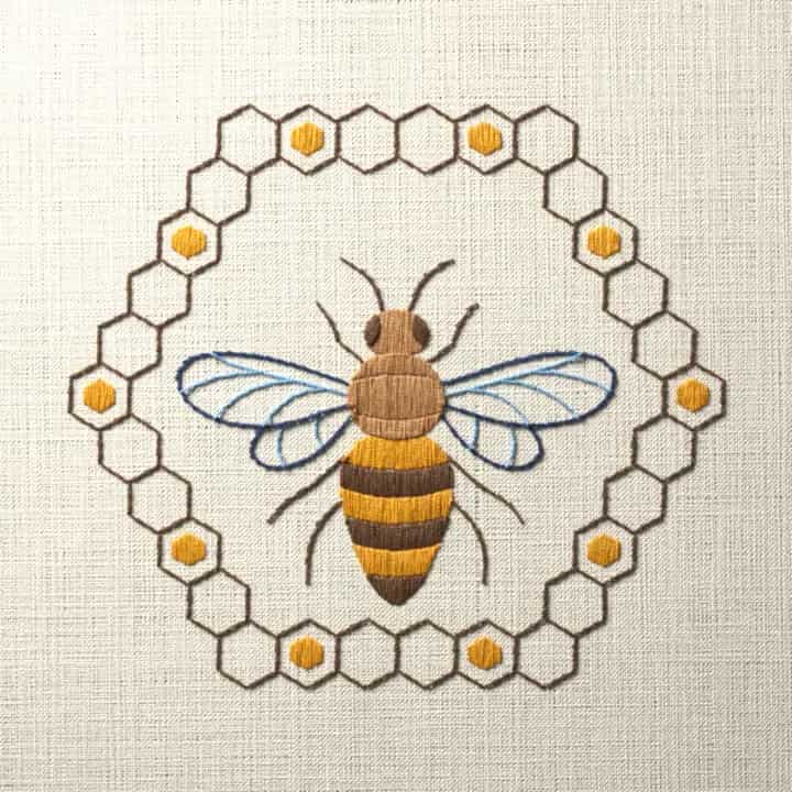 Bee in honeycomb hexagon: preview of the stitched design