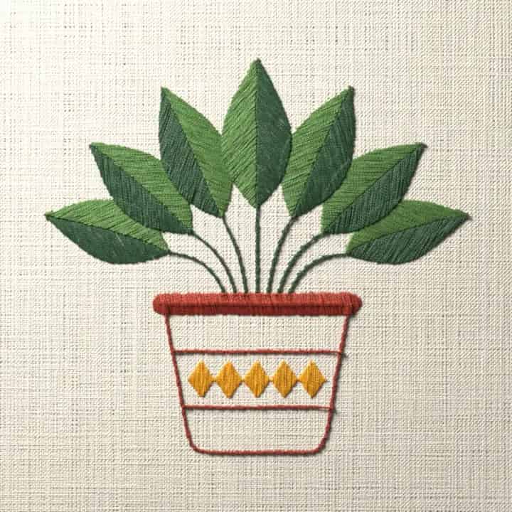 Houseplant in patterned pot: preview of the stitched design