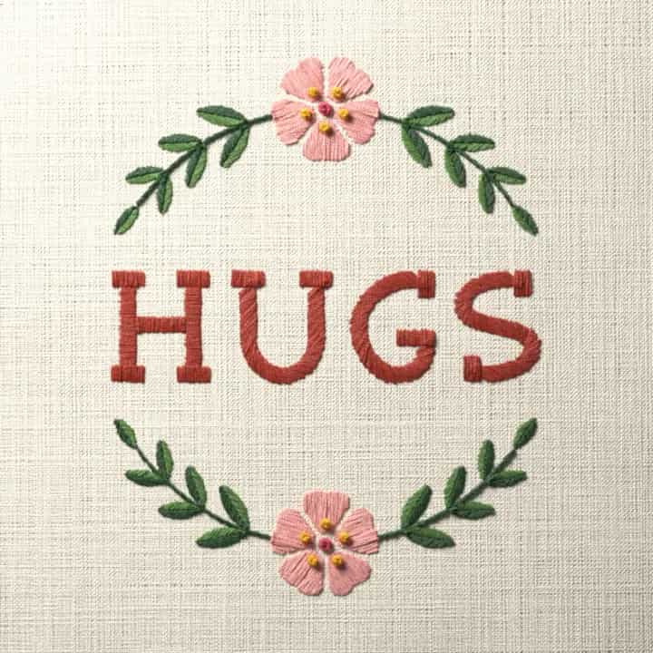 Hugs in laurel: preview of the stitched design