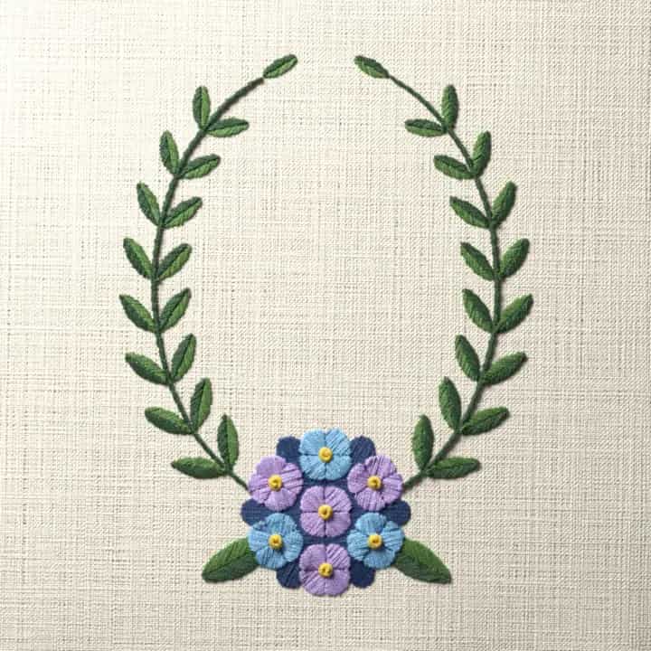 Hydrangea oval frame: preview of the stitched design