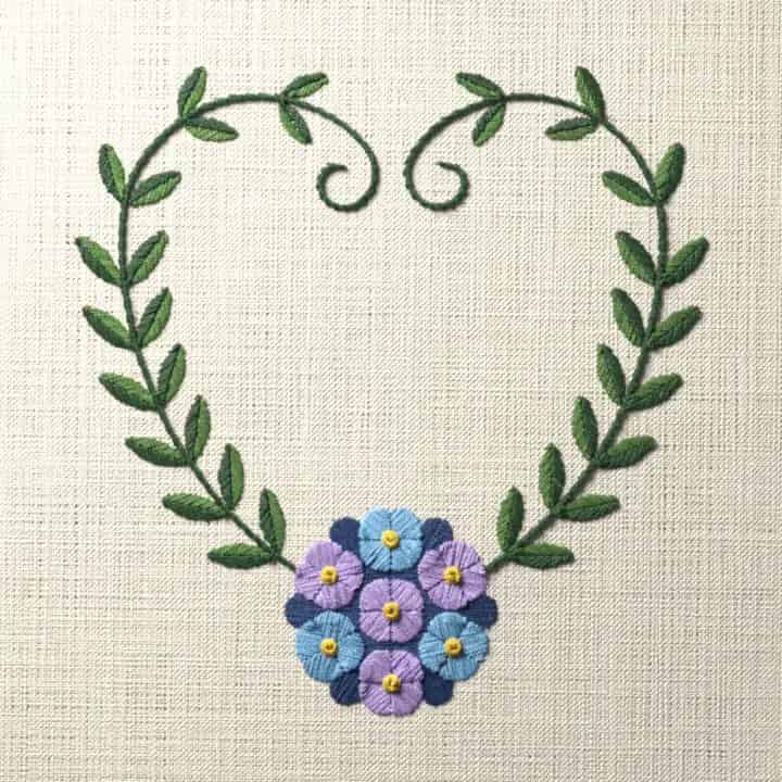 Hydrangea vine heart: preview of the stitched design