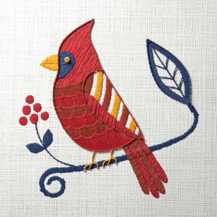 Jacobean cardinal: preview of the stitched design