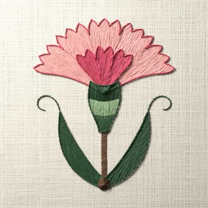 Jacobean carnation: preview of the stitched design