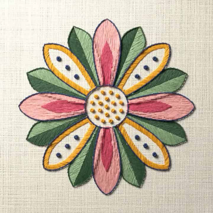 Jacobean daisy wheel: preview of the stitched design
