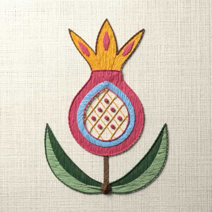 Jacobean pomegranate: preview of the stitched design