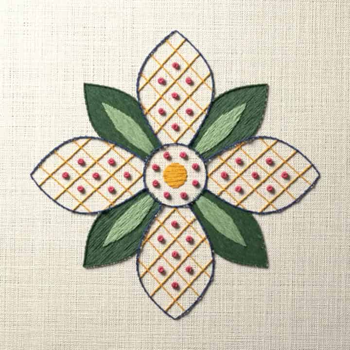 Jacobean flower with four petals: preview of the stitched design