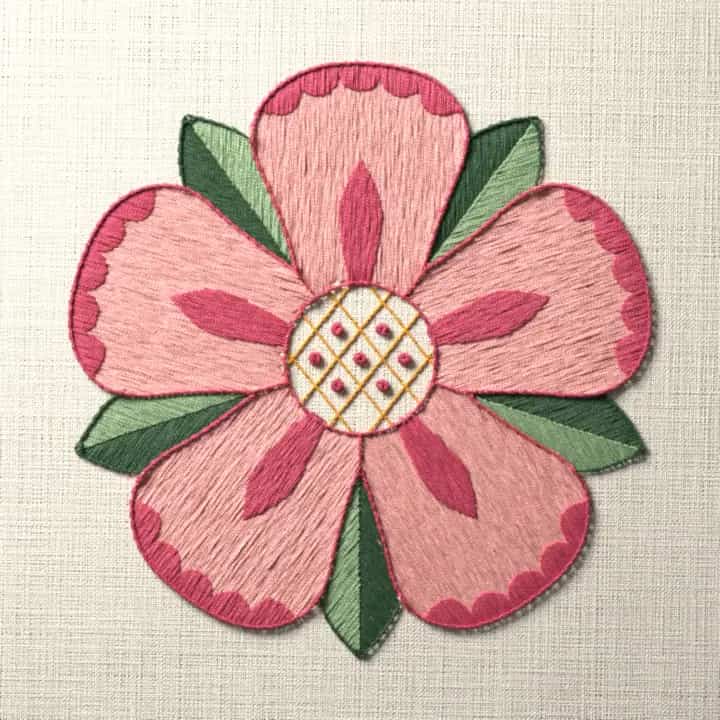 Jacobean rose with five petals: preview of the stitched design