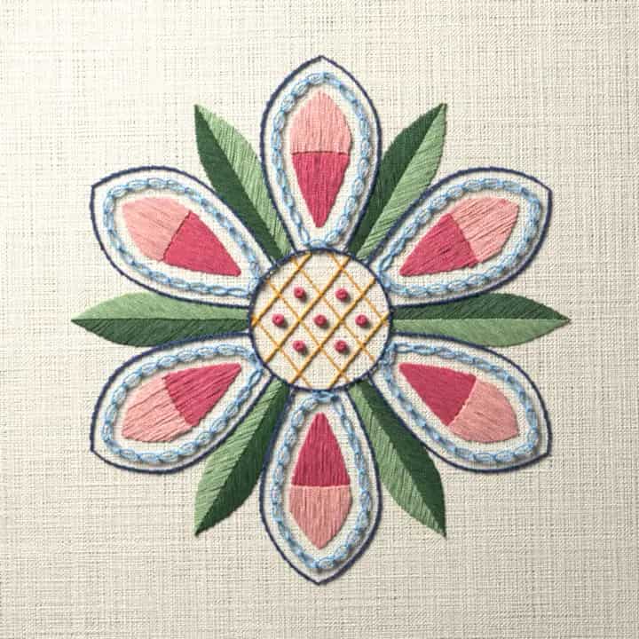 Jacobean flower with six petals: preview of the stitched design
