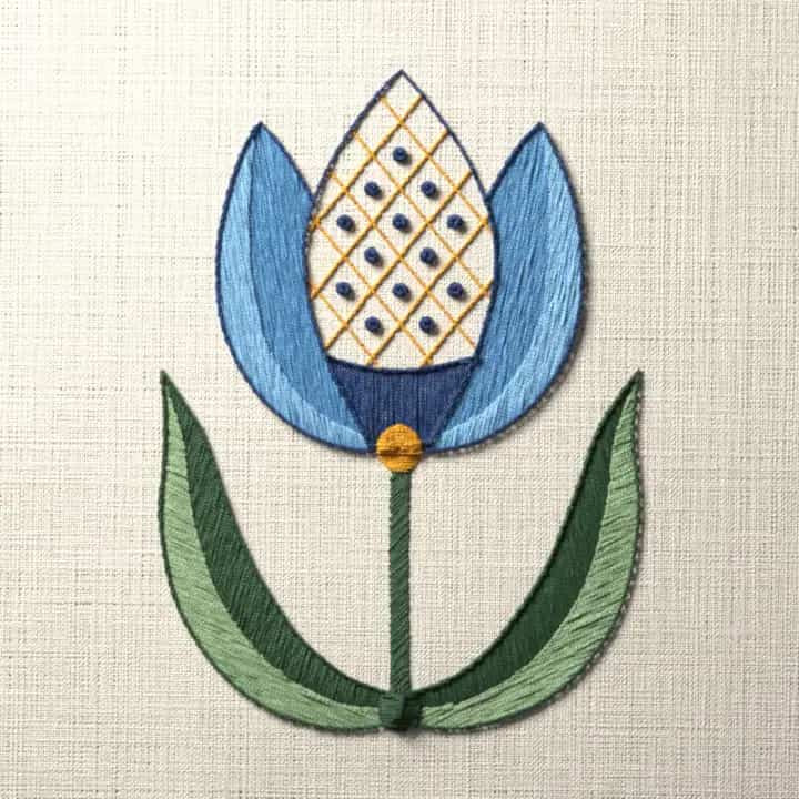 Jacobean tulip: preview of the stitched design