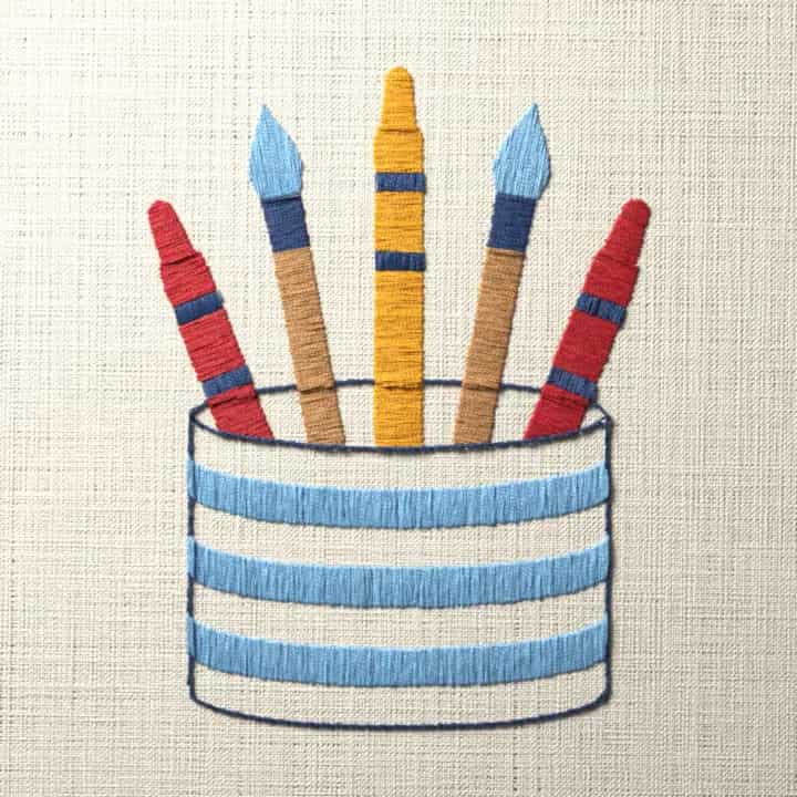 Jar of crayons and brushes: preview of the stitched design